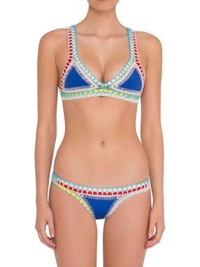 KIINI Vintage Crochet Bikini Set Blue Multicolor Triangle Swim L Fits XL